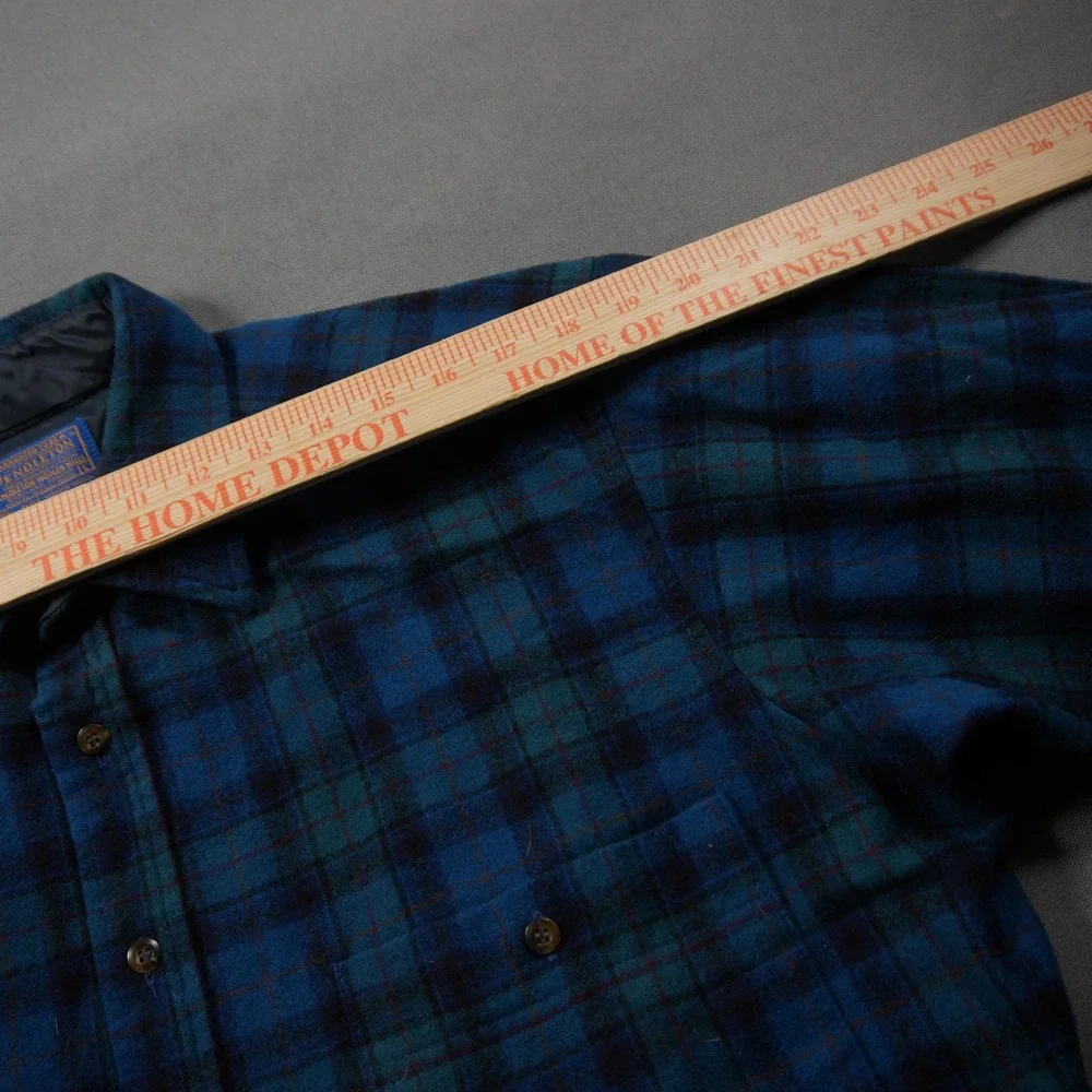 Pendleton Vintage Plaid Wool Flannel Men Shirt L Western Blue Logger Cabin Retro